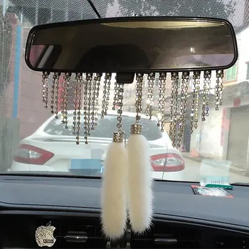 

JP DAD Rearview Mirror Plush Ornaments Car Diamond Pendant Fur Rearview Mirror Charm Car Styling Crystal ornaments Gift