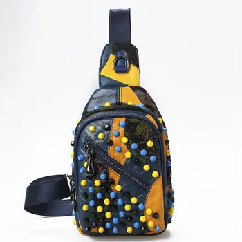 

NEW Rivet Chest Bag Sheepskin Waist Pack Studded Genuine leather Square CrossBody Bags Metal Stud Chest Pack Bolsa Feminina