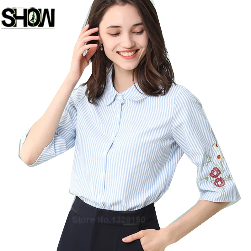 Embroidery Tops Women Fashion Peter Pan Collar Blouses Shirts Elegant Lady Office Cute Sweet Button Blue Striped Shirt 5XL 4XL |