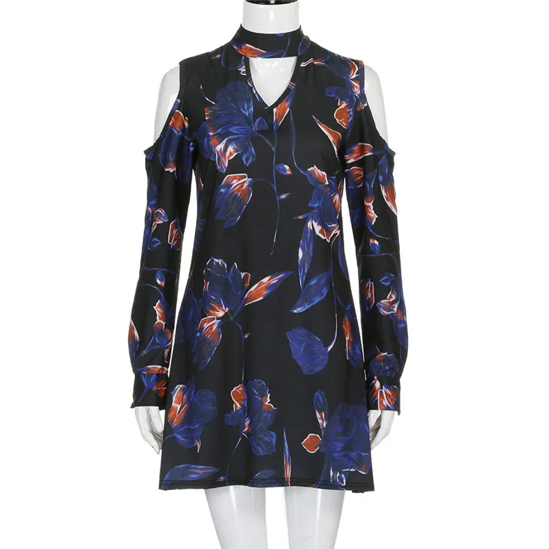 dress female loose of mini A-line casual dark blue color and flower printed full sleeve summer beach dropshipping #F#40JY3112