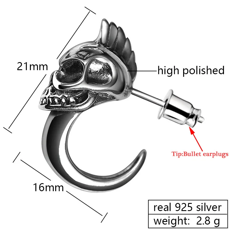 Настоящие 925 пробы, серебряные мужские серьги-гвоздики в виде черепа, винтажные черные серьги в стиле рок, панк, скелет, шпильки, байкерские ювелирные изделия, 1 шт. и 1 пара