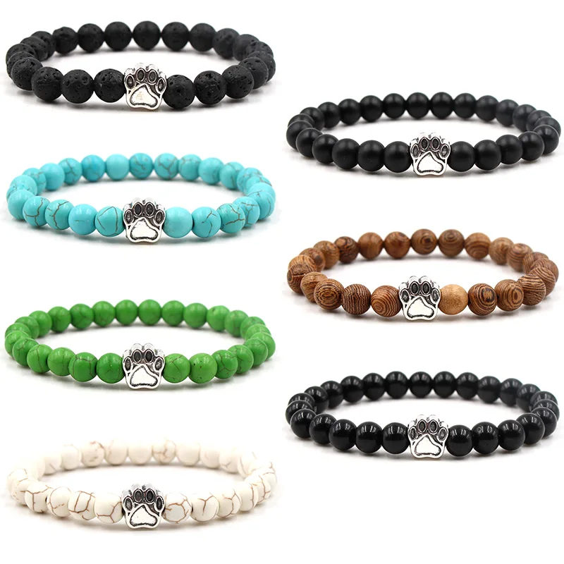 

8mm Colourful Natural Stone Beads Bracelets Dog Cat Footprint Paw Charms Bracelet Pet Lover Strench Jewelry Valentine's Day Gift