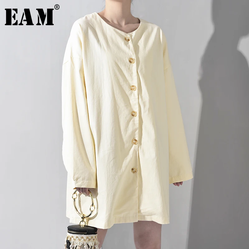 

[EAM] 2019 New Autumn Winter Round Neck Long Sleeve Button Split Joint Big Size Temperament Dress Women Fashion Tide FN4731