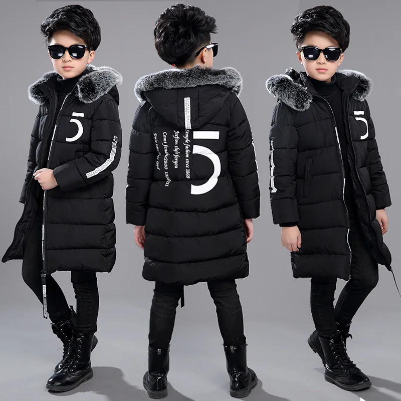 Children Winter Warm Jackets Boys Big Fur Collar Hooded Cotton Jacket Children Casual Thickenging Outerwear Coats