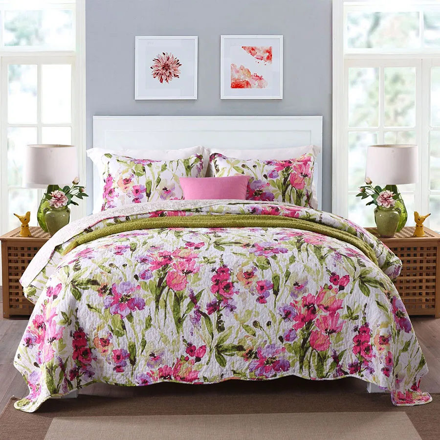 

CHAUSUB Rural Cotton Bedspread Quilt Set 3pcs Coverlet Flowers Printed Quilts Quilted Bed Cover Pillowcase King Size Blanket