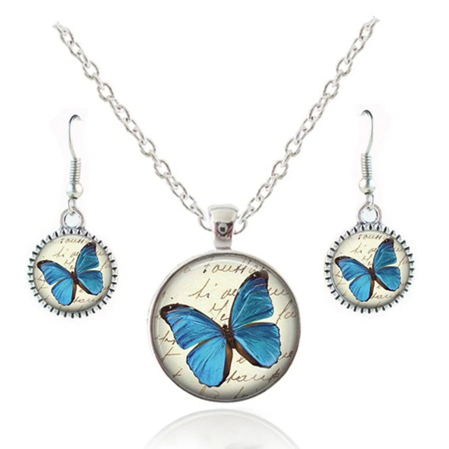 blue butterfly necklace earring clock mechanism Key Pendant necklace