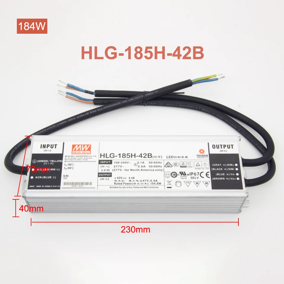 Meanwell Dimmable 185 Вт 240 Вт 320 Вт Светодиодный драйвер HLG-185H-42B HLG-240H-36B, HLG-320H-42B LPC-60-1400, APV-12-12 Выход светодиодный Мощность адаптер