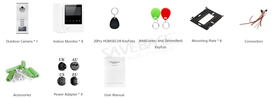 HOMSECUR 4," TFT видео домофон комплект с одной кнопкой разблокировки для 8 семей