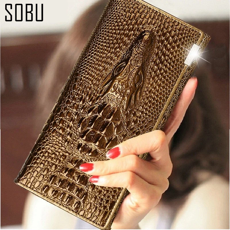 

2016 3D Crocodile Women Long Wallets Genuine Leather Embossed Design Draw-out Type Female Wallet Clutch Purses Carteira N061