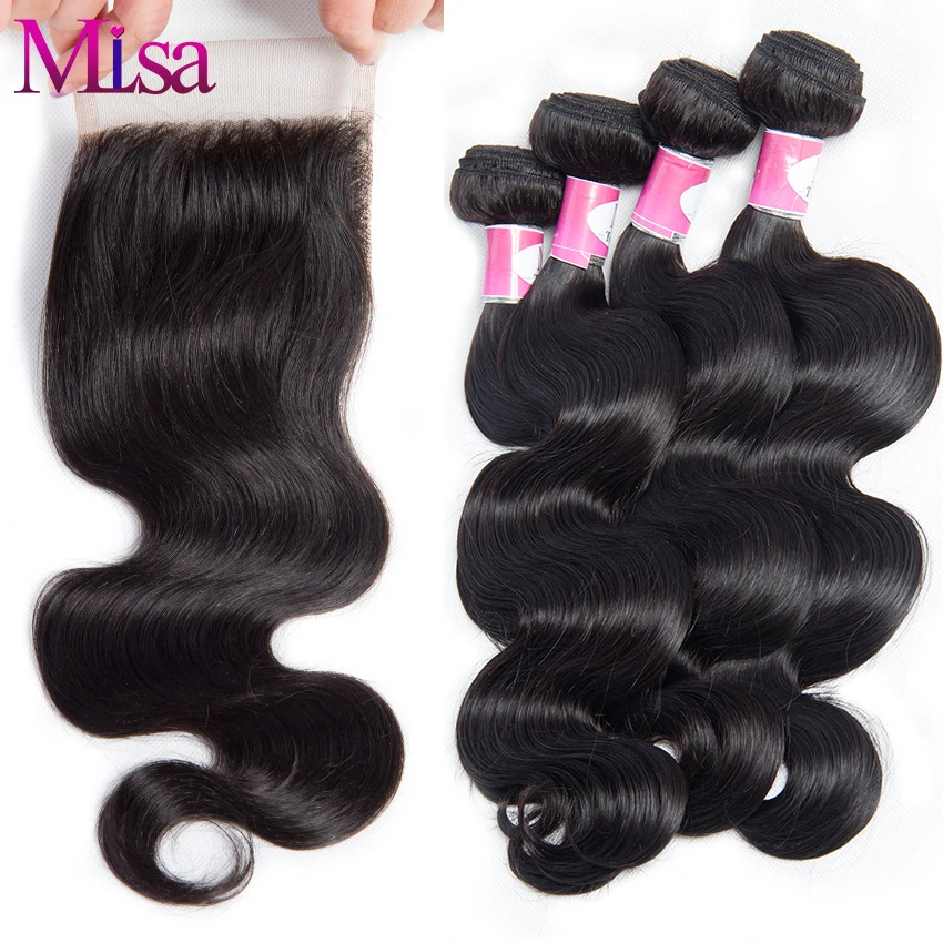 6A peruvian virgin hair with closure 4 bundles human hair with lace closure Peruvian body wave lace closure with bundles Alimoda