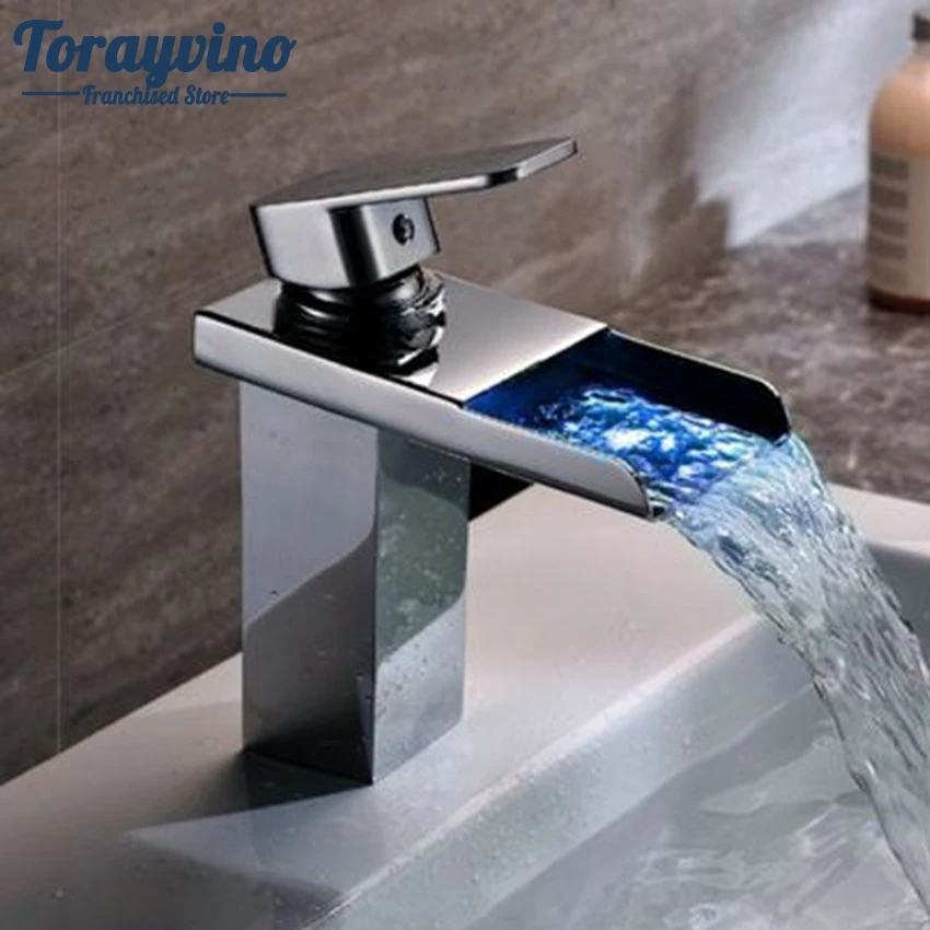 Torayvino Led Rubinetto Del Bagno Alto Bacino Acqua Di Rubinetto Sanitari Bagno Lavandino Del Bagno Miscelatore Cascata Cromata Vanity Vessel Lavelli 