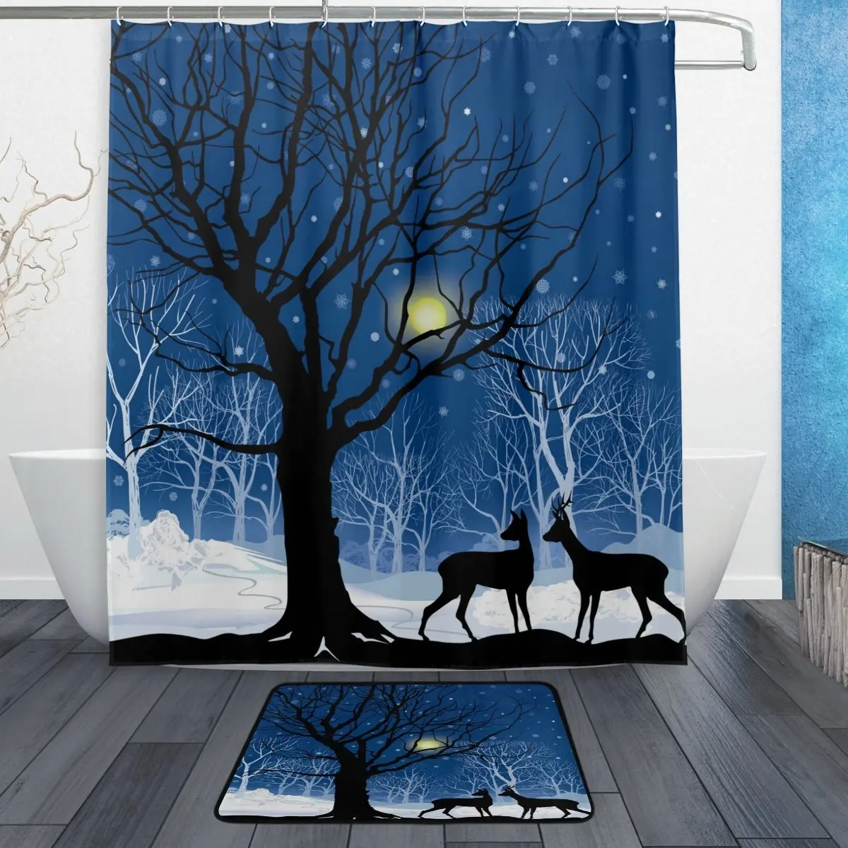 Winter Snow Landscape Forest Deer Waterproof Polyester Fabric Shower