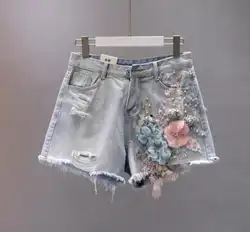 Европа Стиль 2018 летние женские Джинсовые шорты модные Для женщин тяжелой трехмерной вышивка бисером цветок джинсовые шорты y41