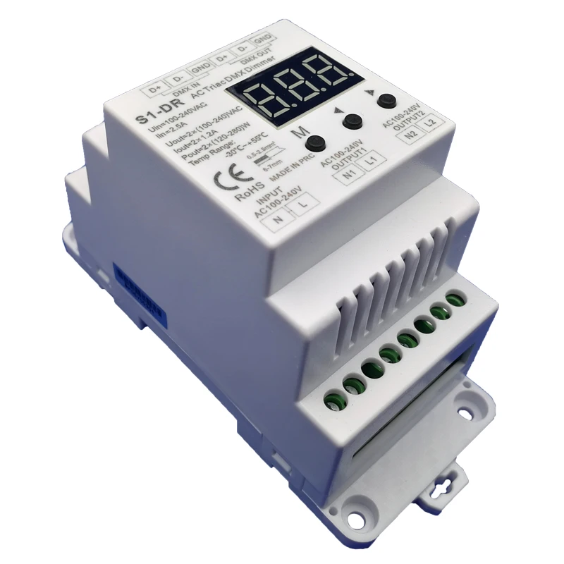Новый S1 DR светодиодный AC симистор DMX512 диммер 100V 240V Мощность Вход 2 x 1.2A Выход din