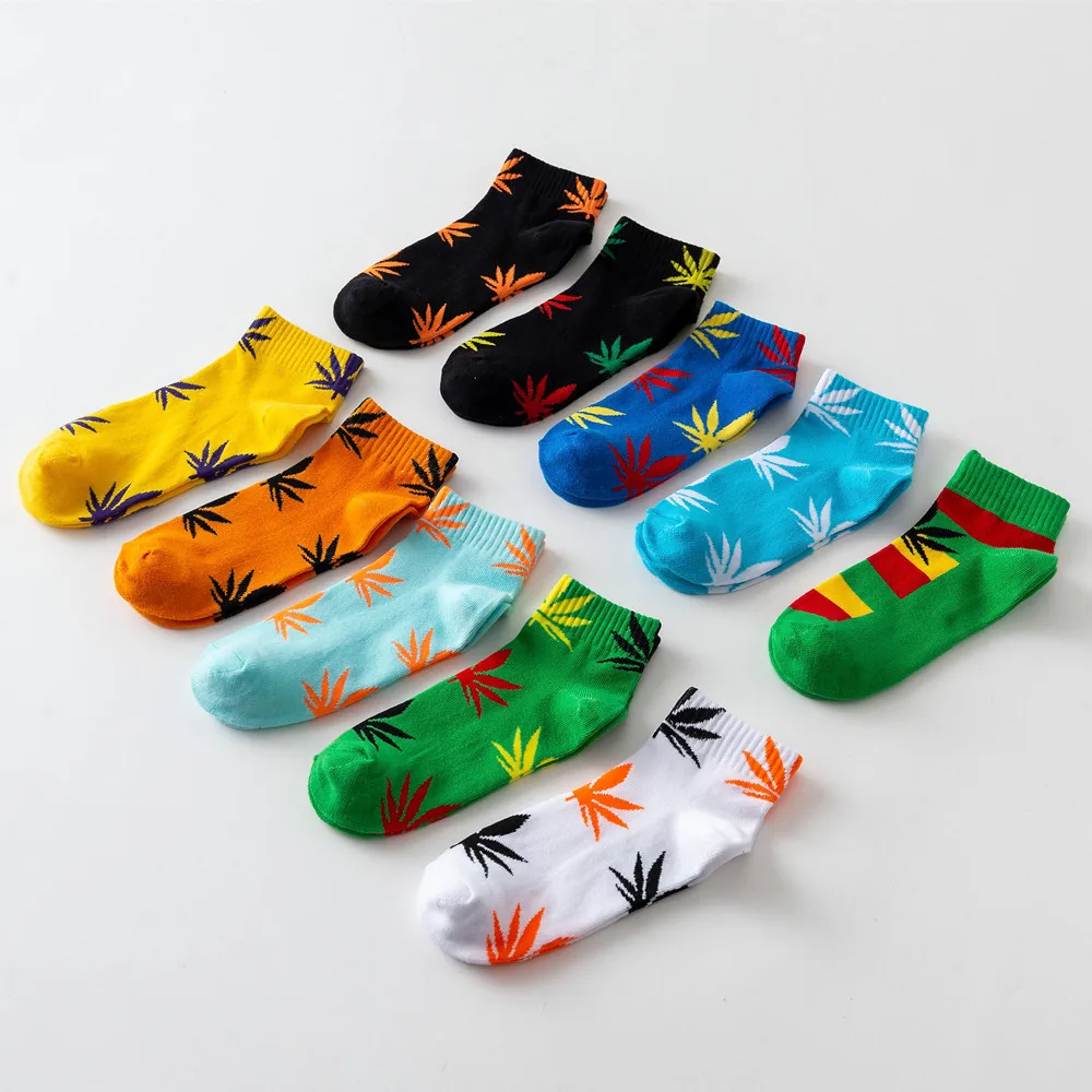 Moda Socmark Summer Women Men's Funny Ankle Socks Hemp Meias Long Happy Maple Leaf sokken Cotton Weed Grass White Black Socken