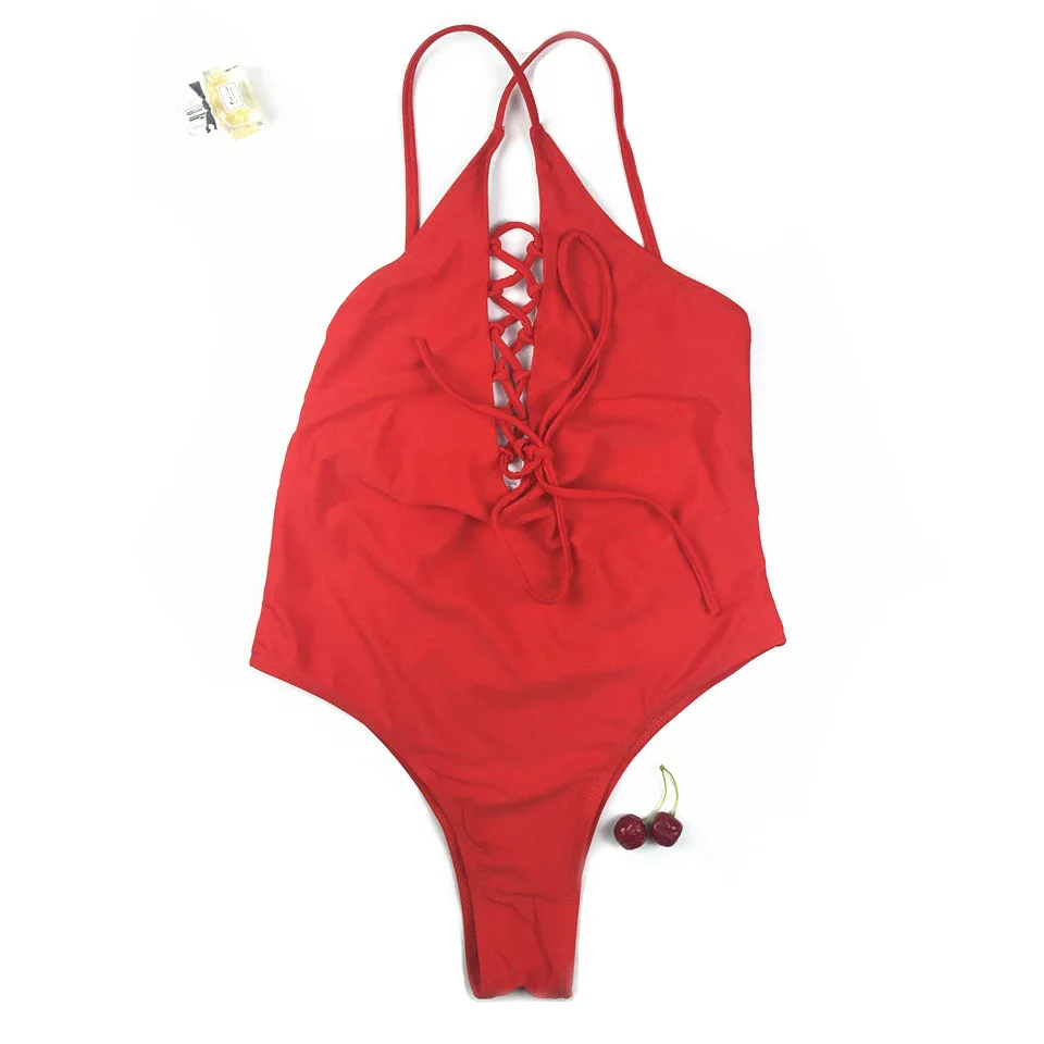 Красный купальный костюм на шнуровке, монокини,, сексуальный, высокая посадка, вырез, одежда для плавания, Женский цельный купальник, повязка на спине, купальник, пляжная одежда