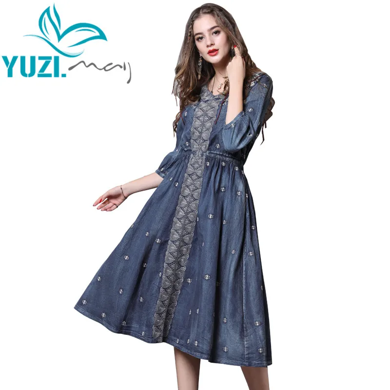 Женское платье 2018 Yuzi.may Бохо новое летнее джинсовое с V-образным вырезом