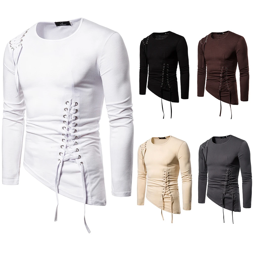 

Helisopus New Fashion Summer Autumn Men T-shirt Solid Color Casual Slim Long Sleeve Soft Irregularly Round Collar Shirts S-2XL