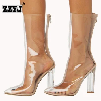 2017 Natural leather PVC Transparent crystal heels 10CM New High Heels Shoes Short boots Woman Pumps Sexy European brand design