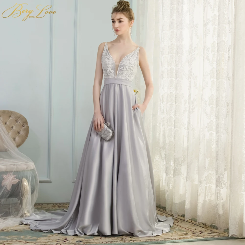 

BeryLove Long Grey Sliver Evening Dress 2019 Deep V Neck Satin Pearls Lace Evening Gowns Cheap Plus Size Long Graduation Dress