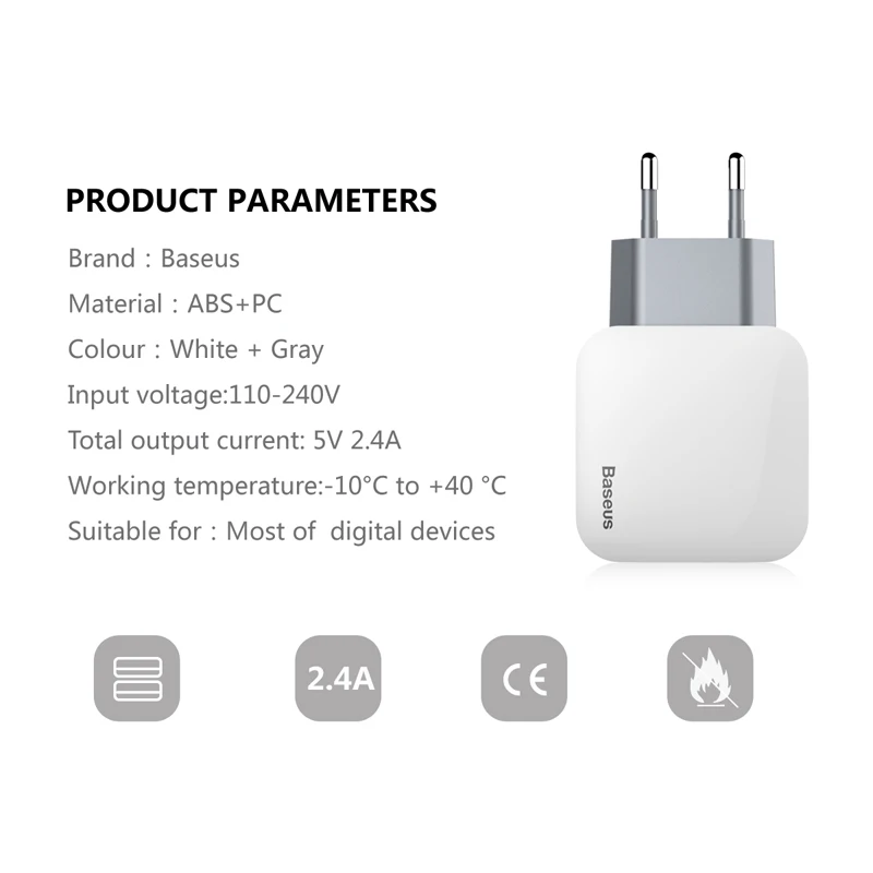 Baseus Dual USB зарядное устройство для iPhone samsung путешествия 2.4A настенное USB зарядное устройство адаптер зарядное устройство для мобильного телефона для Smartphoner US EU вилка