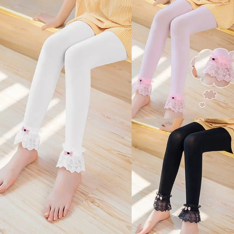 

Kids Spring popular Summer Leggings Lace Trim Bowknot Ankle Length Pants Solid Color Elastic Princess Footless Dancing