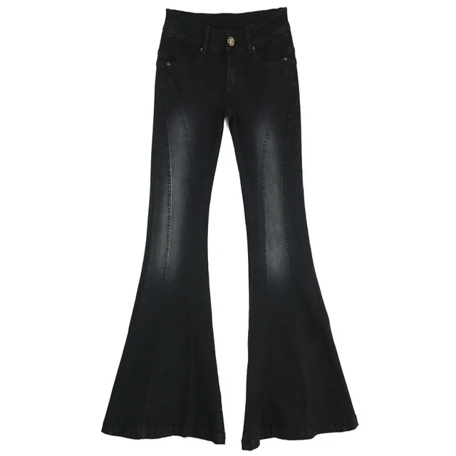 Женские эластичные черные расклешенные джинсы для девочек, винтажные Женские джинсовые штаны 053003 - Цвет: Черный