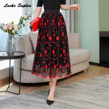 1pcs Hight waist Women's Plus size skirts 2019 Autumn mesh Lace Splicing Floral prints hollow Pleated skirt Ladies Casual skirts plus size floral embroidered mesh skirt