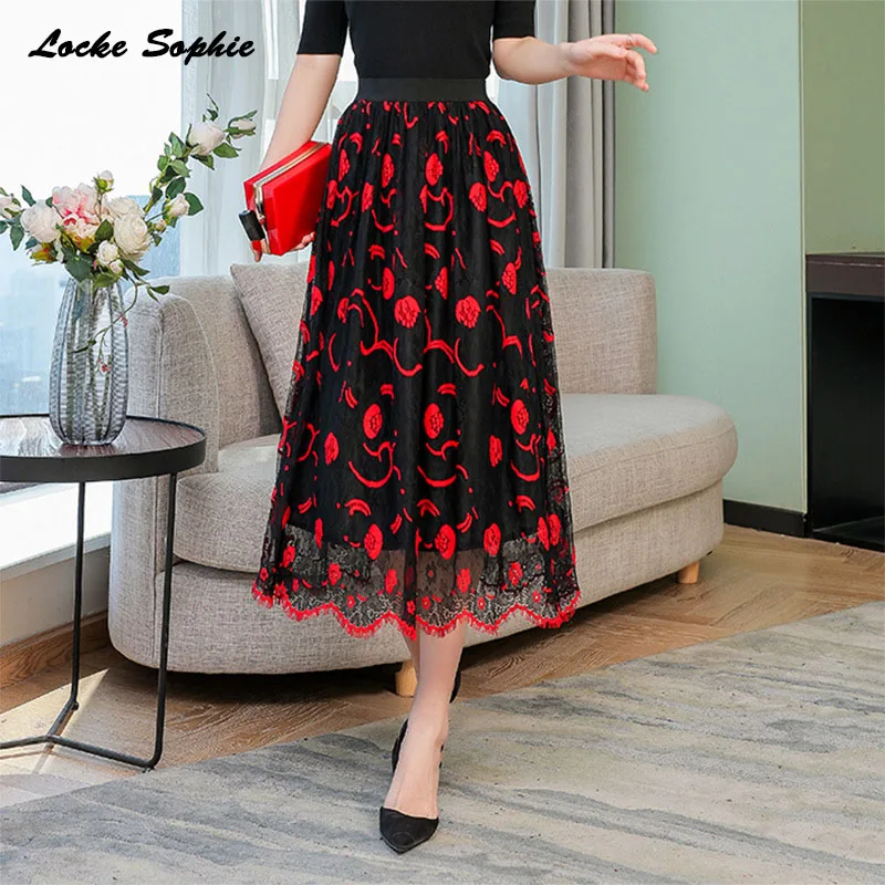 

1pcs Hight waist Women's Plus size skirts 2020 Spring mesh Lace Splicing Floral prints hollow Pleated skirt Ladies Casual skirts