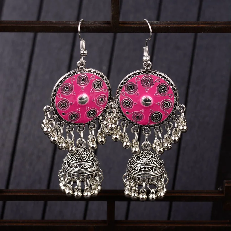 

TopHanqi Indian Jhumka Jewelry Womens Sliver Small Bells Drop Tassel Earring Handmade Boho Ethnic Round Caved Dangling Earrings