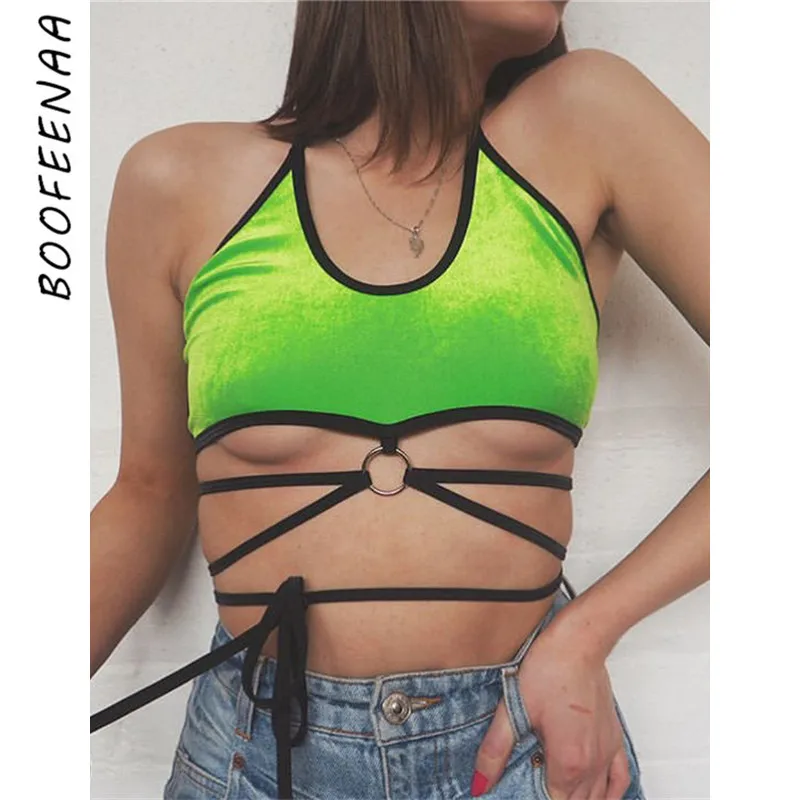 

BOOFEENAA Velvet Neon Green Sexy Crop Top Streetwear Halter Backless Cami Tank Tops Summer 2019 Women Rave Festival C94-F98