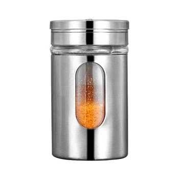 

100ML Stainless Steel Seasoning Storage Box Rotatable Adjustable Glass Condiment Bottle Pepper Spice Shaker (Silver)