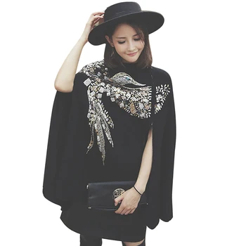 

Women Phoenix beadings Sequined Knitted Sweater Wool Cape Autumn Batwing Sleeve Cloak Casual Loose Sweater Coat Poncho Outwear