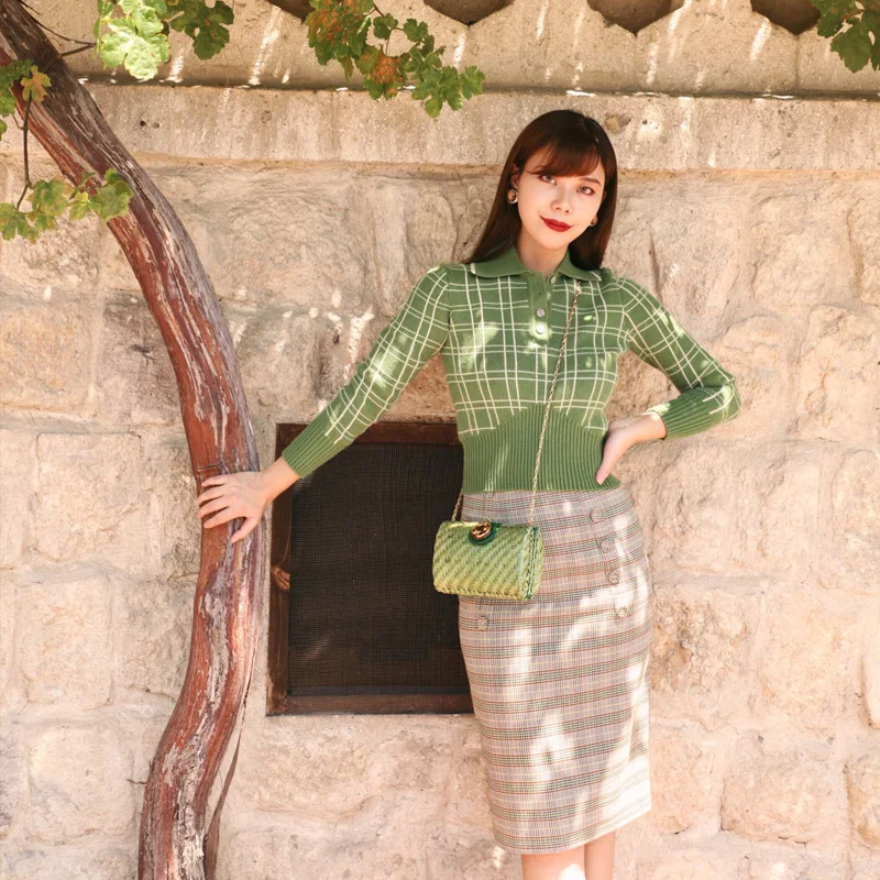 

LYNETTE'S CHINOISERIE Summer Autumn Original Design Women Slim High Waist Vintage England Plaid Buttons Skirts