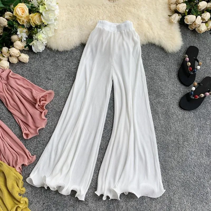 

Summer Retro Wide Leg Pants Women Casual 2019 Elastic Waist Loose Pants Female Trousers High Waist Solid Flare Pants