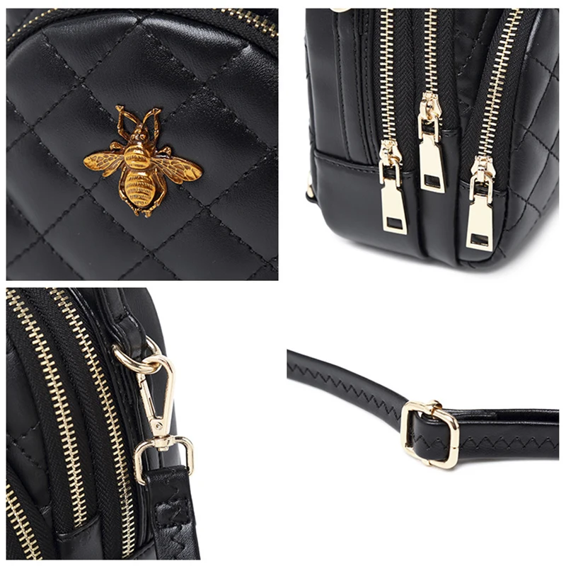 Mini Mochilas a la moda para mujeres con entramado de diamante Pu Mochila de cuero para chicas Bee mujeres mochila negra mujeres mochila Mujer 2018