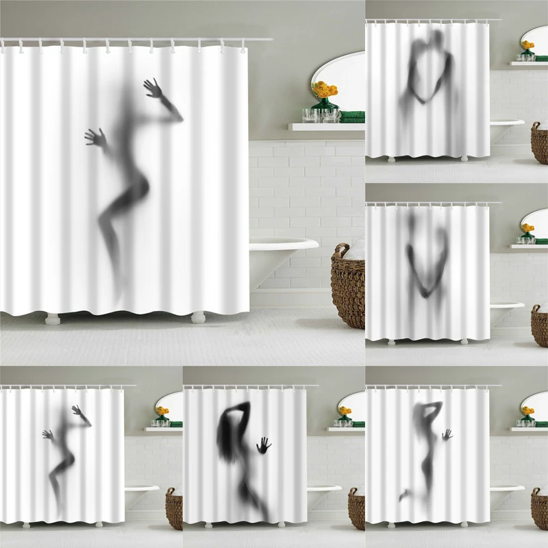 Simple Bath Curtain Protection Polyester Shower Curtains with Plastic Hooks White shadow Printed