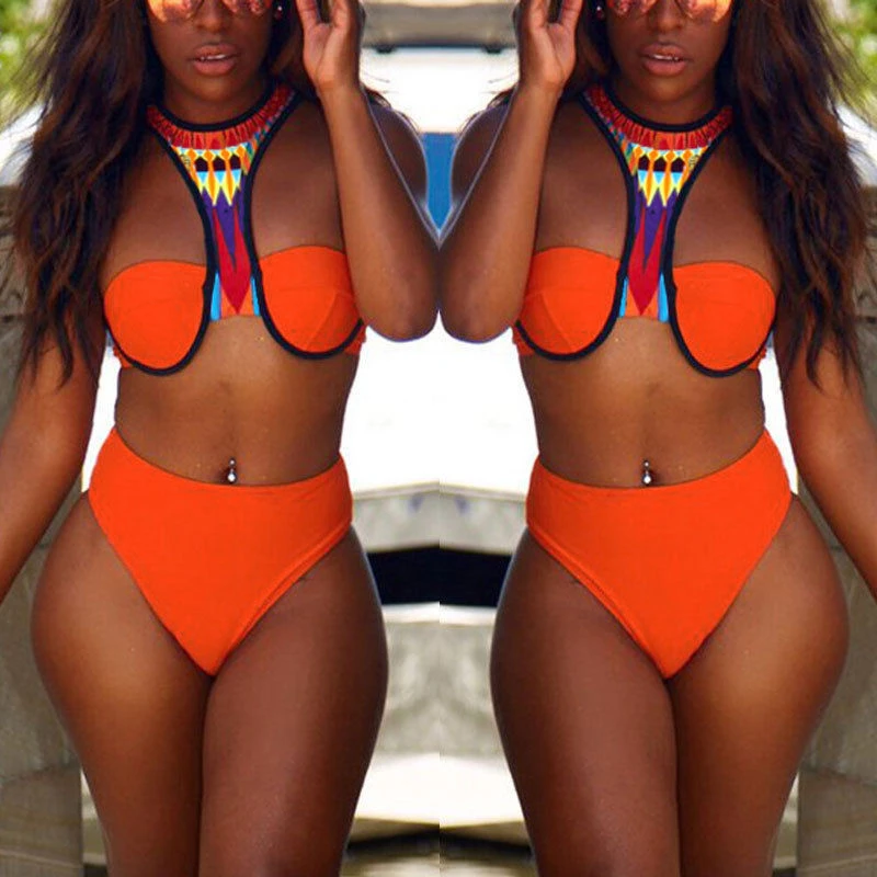

2017 Design African Print Two-Pieces Halter Turtleneck Underwire Padded Bikini Set Sexy Geometric Swimwear High Waist Swimsuit