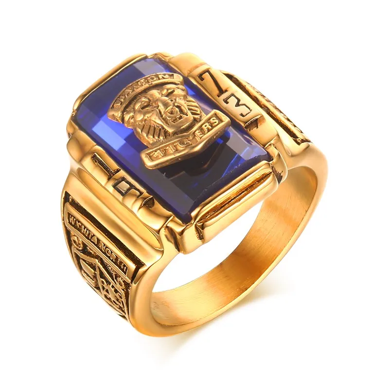 Fashion Mens Rings Gold-color Stainless Steel 1973 Walton Tiger High School Class Ring Geometric Design Black/Green/red/blue