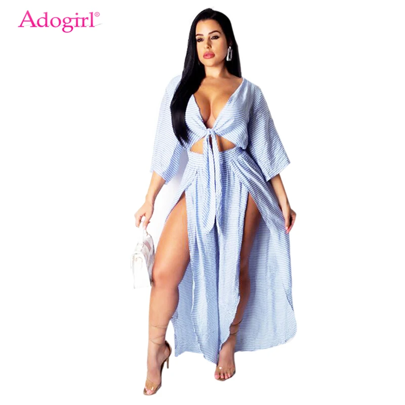 

Adogirl Blue Stripe Fashion Casual Two Piece Set Front Tie V Neck 3/4 Sleeve Shirt Crop Top High Slit Wide Leg Pants Outfits