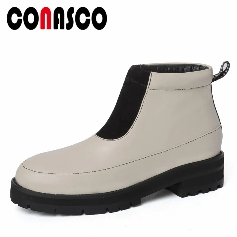 

CONASCO New Women Genuine Leather Ankle Boots High Heels Round Toe Martin Shoes Woman Patchwork Basic Motorcycle Boots