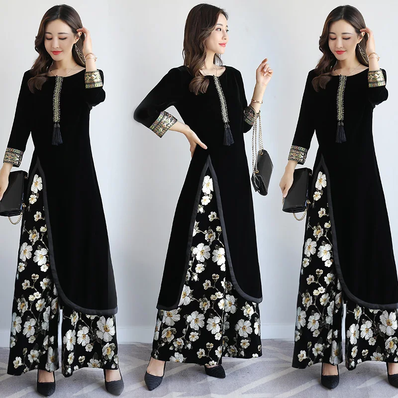

Spring autumn india Pakistan Women Clothing New design Europe style Fashion 2 pieces sets vintage pattern elegant ethnic costume