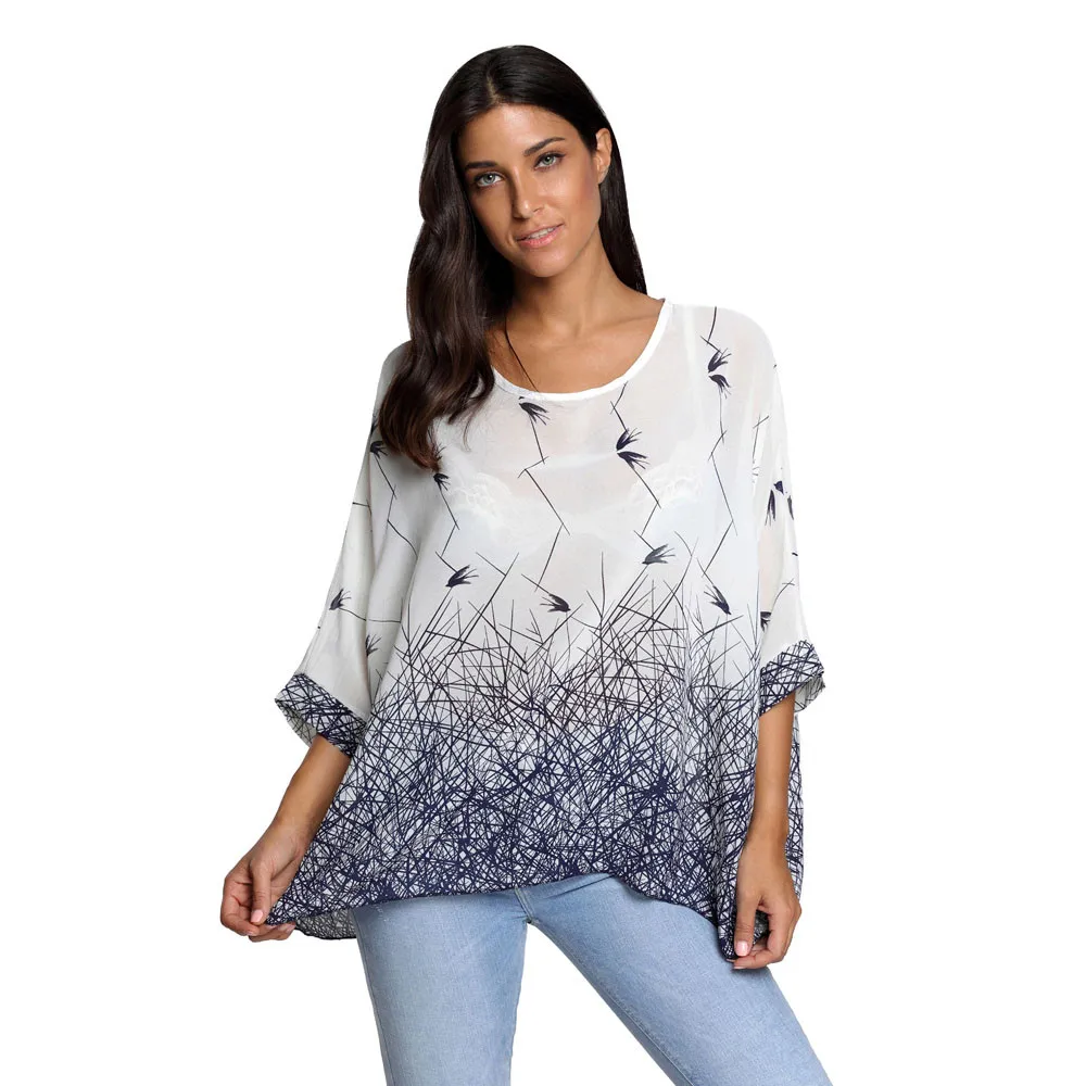 Women Chiffon Printed Bikini Cover Up O Neck Sunscreen Beachwear