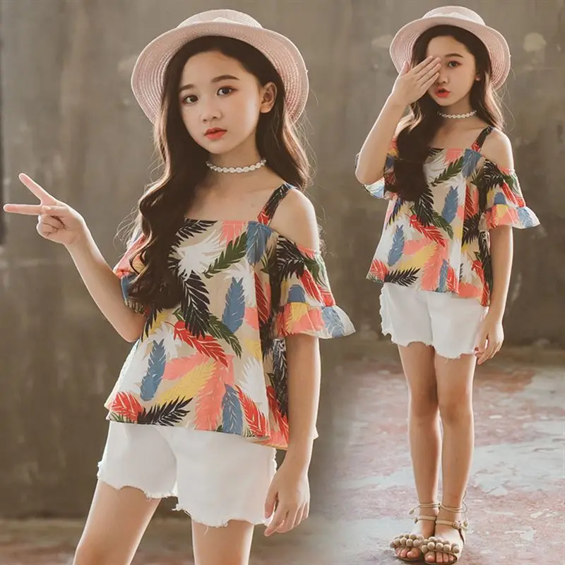 Feather Print Off shoulder Tops White Shorts Summer Girls Sets 6 8 10 12 years 2019 New Big Clothes | Детская одежда и обувь
