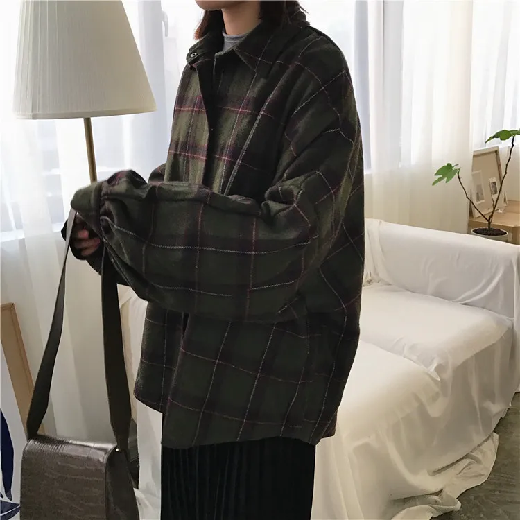 Harajuku Outono Xadrez Seção Fina lã Cardigan Coreano Puff Manga Magro Camisa Quente Jaqueta Retro Casual Feminino Botão Superior 2019 24 jaqueta retro casual feminino botão superior