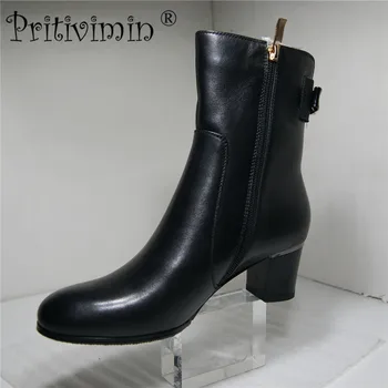 

Pritivimin FN204 ladies warm plush botas footwear girls leather thick high heeled ankle boots women fashion buckle side zip shoe