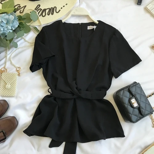 Новая Однотонная рубашка с круглым вырезом на шнуровке Женская Тонкая Повседневная блуза с коротким рукавом топы G290 - Цвет: Черный