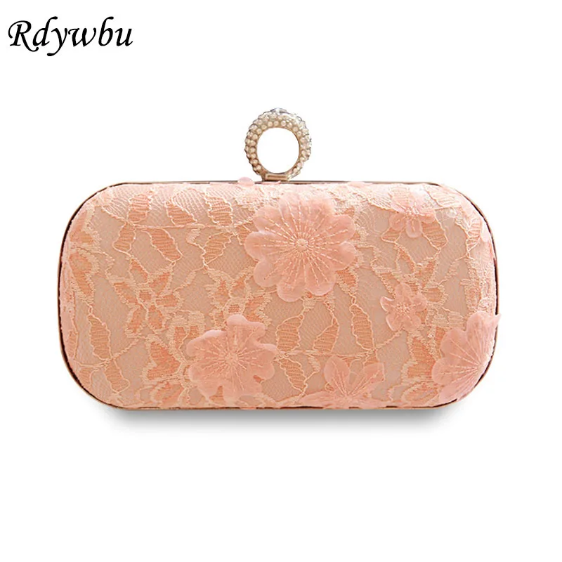 

Rdywbu Luxury Blue Lace Flower Evening Shoulder Bag Women's Finger Ring Pink Chain Clutches Luxurious Diamond Wedding Purse B546