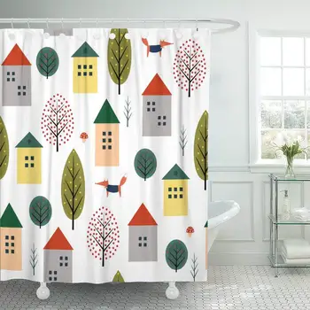 

Abstract Cute Houses Fox and Autumn Trees on White Scandinavian Nature Landscape Decor Shower Curtains Bathroom Curtain