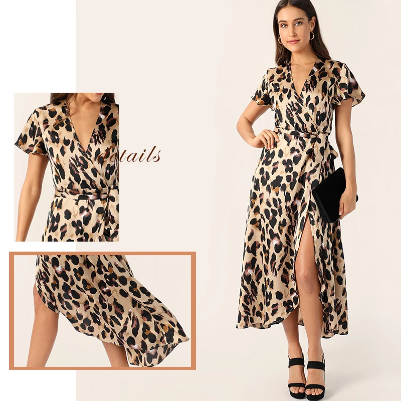 Sheinside, атласное леопардовое платье с разрезом и поясом, облегающее и расклешенное, Boho, платья с высокой талией, глубокий v-образный вырез, женское летнее платье